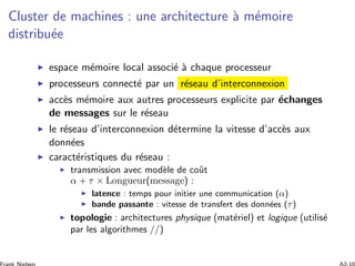 Cluster de machines : une architecture `a m´emoire
distribu´ee
espace m´emoire local associ´e `a chaque processeur
processeurs connect´e par un r´eseau d’interconnexion
acc`es m´emoire aux autres processeurs explicite par ´echanges
de messages sur le r´eseau
le r´eseau d’interconnexion d´etermine la vitesse d’acc`es aux
donn´ees
caract´eristiques du r´eseau :
transmission avec mod`ele de coˆut
α + τ × Longueur(message) :
latence : temps pour initier une communication (α)
bande passante : vitesse de transfert des donn´ees (τ)
topologie : architectures physique (mat´eriel) et logique (utilis´e
par les algorithmes //)
 