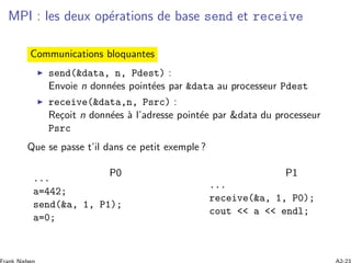 MPI : les deux op´erations de base send et receive
Communications bloquantes
send(&data, n, Pdest) :
Envoie n donn´ees point´ees par &data au processeur Pdest
receive(&data,n, Psrc) :
Re¸coit n donn´ees `a l’adresse point´ee par &data du processeur
Psrc
Que se passe t’il dans ce petit exemple ?
P0 P1...
a=442;
send(&a, 1, P1);
a=0;
...
receive(&a, 1, P0);
cout << a << endl;
 