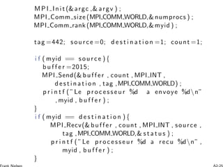 MPI Init (&argc ,& argv ) ;
MPI Comm size (MPI COMM WORLD,&numprocs ) ;
MPI Comm rank (MPI COMM WORLD,&myid ) ;
tag =442; source =0; d e s t i n a t i o n =1; count =1;
i f ( myid == source ) {
b u f f e r =2015;
MPI Send(& buffer , count , MPI INT ,
d es t i n a t i on , tag ,MPI COMM WORLD) ;
p r i n t f ( ”Le p r oces s eu r %d a envoye %dn”
, myid , b u f f e r ) ;
}
i f ( myid == d e s t i n a t i o n ) {
MPI Recv(& buffer , count , MPI INT , source ,
tag ,MPI COMM WORLD,& s t a t u s ) ;
p r i n t f ( ”Le p r oc e s s e u r %d a recu %dn” ,
myid , b u f f e r ) ;
}
 