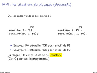 MPI : les situations de blocages (deadlocks)
Que se passe t’il dans cet exemple ?
P0 P1
send(&a, 1, P1);
receive(&b, 1, P1);
send(&a, 1, P0);
receive(&b, 1, P0);
Envoyeur P0 attend le “OK pour envoi” de P1
Envoyeur P1 attend le “OK pour envoi” de P0
C¸a bloque. On est en situation de deadlock !
(Ctrl-C pour tuer le programme...)
 