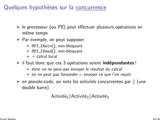 Quelques hypoth`eses sur la concurrence
le processeur (ou PE) peut eﬀectuer plusieurs op´erations en
mˆeme temps
Par exemple, on peut supposer
MPI IRecv(), non-bloquant
MPI ISend(), non-bloquant
+ calcul local
il faut donc que ces 3 op´erations soient ind´ependantes !
donc on ne peut pas envoyer le r´esultat du calcul
on ne peut pas forwarder = envoyer ce que l’on re¸coit
en pseudo-code, on note les activit´es concurrentes par || (une
double barre)
Activit´e1||Activit´e2||Activit´e3
 
