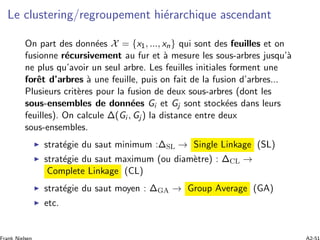 Le clustering/regroupement hi´erarchique ascendant
On part des donn´ees X = {x1, ..., xn} qui sont des feuilles et on
fusionne r´ecursivement au fur et `a mesure les sous-arbres jusqu’`a
ne plus qu’avoir un seul arbre. Les feuilles initiales forment une
forˆet d’arbres `a une feuille, puis on fait de la fusion d’arbres...
Plusieurs crit`eres pour la fusion de deux sous-arbres (dont les
sous-ensembles de donn´ees Gi et Gj sont stock´ees dans leurs
feuilles). On calcule Δ(Gi , Gj ) la distance entre deux
sous-ensembles.
strat´egie du saut minimum :ΔSL → Single Linkage (SL)
strat´egie du saut maximum (ou diam`etre) : ΔCL →
Complete Linkage (CL)
strat´egie du saut moyen : ΔGA → Group Average (GA)
etc.
 