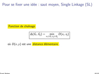 Pour se ﬁxer une id´ee : saut moyen, Single Linkage (SL)
Fonction de chaˆınage
Δ(Gi , Gj ) = min
xi ∈Gi ,xj ∈Gj
D(xi , xj )
o`u D(x, y) est une distance ´el´ementaire .
 