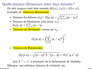 Quelle distance ´el´ementaire entre deux donn´ees ?
On doit toujours avoir bien entendu Δ({xi }, {xj }) = D(xi , xj ).
Exemples de distances ´el´ementaires :
Distance Euclidienne (L2) : D(p, q) = d
i=1(pi − qi )2
Distance de Manhattan (city block, L1) :
D1(p, q) = d
i=1 |pi − qi |
Distance de Minkowski induite par Lp :
Dp(p, q) =
d
i=1
|pi − qi |p
1
p
Distance de Mahalanobis :
DΣ(p, q) = (p − q) Σ−1(p − q) = D(L p, L q),
avec Σ−1 = L L provenant de la factorisation de Cholesky
M´etrique, non-m´etrique, distance & similarit´e, etc.
 