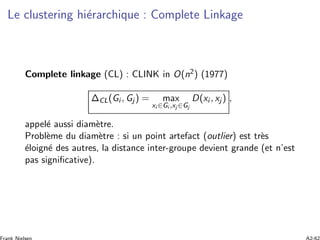 Le clustering hi´erarchique : Complete Linkage
Complete linkage (CL) : CLINK in O(n2) (1977)
ΔCL(Gi , Gj ) = max
xi ∈Gi ,xj ∈Gj
D(xi , xj ) ,
appel´e aussi diam`etre.
Probl`eme du diam`etre : si un point artefact (outlier) est tr`es
´eloign´e des autres, la distance inter-groupe devient grande (et n’est
pas signiﬁcative).
 