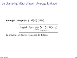 Le clustering hi´erarchique : Average Linkage
Average Linkage (AL) : O(n2) (1984)
ΔAL(Gi , Gj ) =
1
ni nj
xi ∈Gi xj ∈Gj
D(xi , xj )
La moyenne de toutes les paires de distance !
 