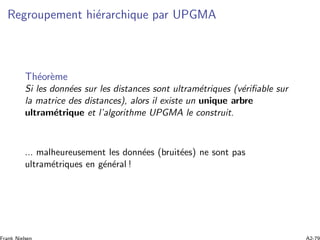Regroupement hi´erarchique par UPGMA
Th´eor`eme
Si les donn´ees sur les distances sont ultram´etriques (v´eriﬁable sur
la matrice des distances), alors il existe un unique arbre
ultram´etrique et l’algorithme UPGMA le construit.
... malheureusement les donn´ees (bruit´ees) ne sont pas
ultram´etriques en g´en´eral !
 