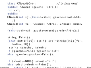 c l a s s CNoeud{C++ : // la classe nœud
p u b l i c : CNoeud ∗gauche , ∗ d r o i t ;
i n t v a l ;
p u b l i c :
CNoeud( i n t v ) { t h i s −>v a l=v ; gauche=d r o i t=NULL
;}
CNoeud( i n t val , CNoeud∗ Arbre1 , CNoeud∗ Arbre2
)
{ t h i s −>v a l=v a l ; gauche=Arbre1 ; d r o i t=Arbre2 ;}
s t r i n g P r i n t ()
{ char b u f f e r [ 2 0 ] ; s t r i n g s v a l=s t r i n g ( i t o a ( val ,
buffer ,10) ) ;
s t r i n g sgauche , s d r o i t ;
i f ( gauche==NULL) sgauche=” n i l ” ;
e l s e sgauche=gauche−>P r i n t () ;
i f ( d r o i t==NULL) s d r o i t=” n i l ” ;
e l s e s d r o i t=d r oi t −>P r i n t () ;
 