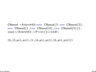 . . .
CNoeud ∗ Arbre442=new CNoeud (3 , new CNoeud (2) ,
new CNoeud (1 , new CNoeud (4) ,new CNoeud (5) ) ) ;
cout<<Arbre442−>P r i n t ()<<endl ;
(3,(2,nil,nil),(1,(4,nil,nil),(5,nil,nil)))
 
