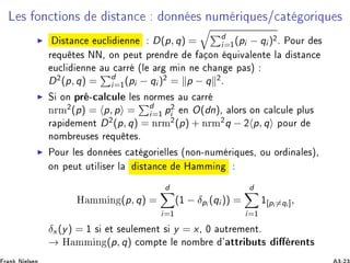 Ä × ÓÒ
Ø ÓÒ× ×Ø Ò
 ÓÒÒ × ÒÙÑ Ö ÕÙ ×»
 Ø ÓÖ ÕÙ ×
◮ ×Ø Ò
 Ù
Ð ÒÒ D(p, q) = d
i=½(pi − qi )¾º ÈÓÙÖ ×
Ö ÕÙ Ø × ÆÆ¸ ÓÒ Ô ÙØ ÔÖ Ò Ö ÓÒ ÕÙ Ú Ð ÒØ Ð ×Ø Ò
Ù
Ð ÒÒ Ù 
 ÖÖ ´Ð Ö Ñ Ò Ò 
 Ò Ô ×µ
D¾(p, q) = d
i=½(pi − qi )¾ = p − q ¾º
◮ Ë ÓÒ ÔÖ ¹
 Ð
ÙÐ Ð × ÒÓÖÑ × Ù 
 ÖÖ
ÒÖÑ¾(p) = p, p = d
i=½ p¾
i Ò O(dn)¸ ÐÓÖ× ÓÒ 
 Ð
ÙÐ ÔÐÙ×
Ö Ô Ñ ÒØ D¾(p, q) = ÒÖÑ¾(p) + ÒÖÑ¾q − ¾ p, q ÔÓÙÖ
ÒÓÑ Ö Ù× × Ö ÕÙ Ø ×º
◮ ÈÓÙÖ Ð × ÓÒÒ × 
 Ø ÓÖ ÐÐ × ´ÒÓÒ¹ÒÙÑ Ö ÕÙ ×¸ ÓÙ ÓÖ Ò Ð ×µ¸
ÓÒ Ô ÙØ ÙØ Ð × Ö Ð ×Ø Ò
 À ÑÑ Ò
À ÑÑ Ò (p, q) =
d
i=½
(½ − δpi
(qi )) =
d
i=½
½[pi =qi ],
δx (y) = ½ × Ø × ÙÐ Ñ ÒØ × y = x¸ ¼ ÙØÖ Ñ ÒØº
→ À ÑÑ Ò (p, q) 
ÓÑÔØ Ð ÒÓÑ Ö ³ ØØÖ ÙØ× Ö ÒØ×
 