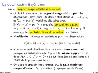 Ä 
Ð ×× 
 Ø ÓÒ Ý × ÒÒ
Ö ÔÔÖ ÒØ ×× ×Ø Ø ×Ø ÕÙ ×ÙÔ ÖÚ ×
◮ ÇÒ Ø Ð³ ÝÔÓØ × ³ÙÒ ÔÔÖ ÒØ ×× ×Ø Ø ×Ø ÕÙ Ð ×
Ó × ÖÚ Ø ÓÒ× ÔÖÓÚ ÒÒ ÒØ ÙÜ ×ØÖ ÙØ ÓÒ× X−½ ∼ p−½(x)
Ø X+½ ∼ p+½(x) ´Ú Ö Ð × Ð ØÓ Ö × Ú 
P(X±½ = x) = p±½(x)µ Ú 
 × ÔÖÓ Ð Ø × ÔÖ ÓÖ
w−½ = P(l(x) = −½) Ø w+½ = P(l(x) = ½) = ½ − w−½º ÇÒ
ÒÓØ p±½ Ð × ÔÖÓ Ð Ø × 
ÓÒ Ø ÓÒÒ ÐÐ × × 
Ð ×× ×º
◮ ÅÓ Ð Ñ Ð Ò Ò ×Ø Ø ×Ø ÕÙ ÔÓÙÖ Ð × Ó × ÖÚ Ø ÓÒ×
P(X = x) = p(x) = w−½p−½(x) + w+½p+½(x)
◮ Æ³ ÑÔÓÖØ ÕÙ Ð 
Ð ×× ÙÖ Ö ÙÒ Ø ÙÜ ³ ÖÖ ÙÖ ÒÓÒ ÒÙÐ
ÔÙ ×ÕÙ Ð × ×ØÖ ÙØ ÓÒ× X±½ ÓÒØ Ð Ñ Ñ ×ÙÔÔÓÖØ X¸ Ø
ÓÒ
 P(X ∈ C±½)  ¼º ÇÒ Ò Ô ÙØ ÓÒ
 Ñ × ØÖ 
 ÖØ Ò
½¼¼± Ð ÔÖÓÚ Ò Ò
 x
◮ ÇÒ ÔÔ ÐÐ ÔÖÓ Ð Ø ³ ÖÖ ÙÖ¸ Pe¸ Ð Ø ÙÜ Ñ Ò ÑÙÑ
ÑÓÝ Ò ³ ÖÖ ÙÖ ³ÙÒ 
Ð ×× ÙÖ ´Ö ×ÕÙ » ÖÖ ÙÖ Ý ×µ
 