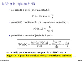 Å È Ø Ð Ö Ð Ù k¹ÆÆ
◮ ÔÖÓ Ð Ø ÔÖ ÓÖ ´ÔÖ ÓÖ ÔÖÓ Ð ØÝµ
P(C±½) ≈ w±½ =
n±½
n
◮ ÔÖÓ Ð Ø 
ÓÒ Ø ÓÒÒ ÐÐ ´
Ð ××¹
ÓÒ Ø ÓÒ Ð ÔÖÓ Ð ØÝµ
P(x|C±½) ≈
ki
n±½Vk
◮ ÔÖÓ Ð Ø ÔÓ×Ø Ö ÓÖ ´Ö Ð Ý ×µ
P(C±½|x) =
P(x|C±½)P(C±½)
P(x)
≈
k±½
n±½Vk
n±½
n
k
nVk
≈
k±½
k
⇒ Ð Ö Ð Ù ÚÓØ Ñ ÓÖ Ø Ö ÔÓÙÖ Ð k¹ÈÈÎ× ×Ø Ð
Ö Ð Å È ÔÓÙÖ Ð × Ò× Ø × ÒÓÒ¹Ô Ö Ñ ØÖ ÕÙ × ×Ø Ñ × ººº
 