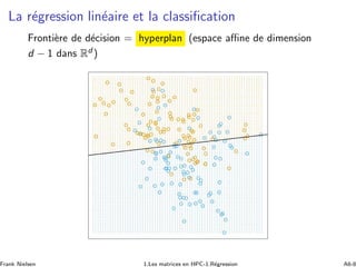La r´egression lin´eaire et la classiﬁcation
Fronti`ere de d´ecision = hyperplan (espace aﬃne de dimension
d − 1 dans Rd )
Frank Nielsen 1.Les matrices en HPC-1.R´egression A6-8
 