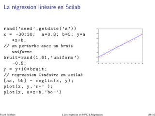 La r´egression lin´eaire en Scilab
rand(’seed ’,getdate(’s’))
x = -30:30; a=0.8; b=5; y=a
*x+b;
// on perturbe avec un bruit
uniforme
bruit=rand(1,61,’uniform ’)
-0.5;
y = y+10*bruit;
// regression lin´eaire en scilab
[aa , bb] = reglin(x, y);
plot(x, y,’r+’ );
plot(x, a*x+b,’bo -’)
Frank Nielsen 1.Les matrices en HPC-1.R´egression A6-10
 