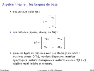 Alg`ebre lin´eaire : les briques de base
◮ des vecteurs colonnes :
v =



v1
...
vl



◮ des matrices (square, skinny, ou fat) :
M =



m1,1 ... m1,c
...
...
...
ml,1 ... ml,c



◮ plusieurs types de matrices avec leur stockage m´emoire :
matrices denses O(lc), matrices diagonales, matrices
sym´etriques, matrices triangulaires, matrices creuses O(l + c).
Alg`ebre multi-lin´eaire et tenseurs.
Frank Nielsen 1.Les matrices en HPC-1.R´egression A6-14
 