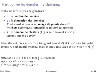 È ÖØ Ø ÓÒÒ Ö Ð × ÓÒÒ × Ð ÐÙ×Ø Ö Ò
ÈÖÓ Ð Ñ Ú ¿ ØÝÔ × Ö Ò ÙÖ×
n Ð ÒÓÑ Ö ÓÒÒ ×
d Ð Ñ Ò× ÓÒ × ÓÒÒ ×
X ×Ø Ú ×Ù Ð × ÓÑÑ ÙÒ ÒÙ ÔÓ ÒØ× Ò× Rd
ØØÖ ÙØ× ÒÙÑ Ö ÕÙ ×¸ Ø ÓÖ ÐÐ × ÓÙ × Ñ ¹ Ø ÓÖ ÐÐ ×
k Ð ÒÓÑ Ö ÐÙ×Ø Ö× ´k ≤ n Ú ×ÓÙÚ ÒØ k << nµ
×ÓÙÚ ÒØ Ò ÓÒÒÙ ÔÖ ÓÖ
Ò Ö Ð Ñ ÒØ¸ ÓÒ n >> d ´n ØÖ × Ö Ò Ú ÒØ dµ Ø k << n ´k ØÖ × Ô Ø Ø
Ú ÒØ n¸ Ò Ð Ð µ Ò ÓÒÒÙ¸ Ñ × ÓÒ Ô ÙØ Ù×× ÚÓ Ö d >> n Ø k = Θ(n)
ÆÓØ Ø ÓÒ a >> b × a > b Ø a
b = ÓÒ×Ø ÒØ
ÜÔn >> n¾ >> n >> ÐÓ n
n½+ >> n ÐÓ a
n ∀ > ¼, a ∈ N
Ö Ò Æ Ð× Ò ¿ºk¹ÑÓÝ ÒÒ × ½¹¿¾
 