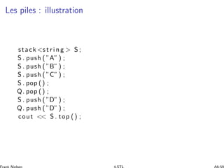 Les piles : illustration
stack s t r i n g  S ;
S . push ( ”A”) ;
S . push ( ”B”) ;
S . push ( ”C”) ;
S . pop () ;
Q. pop () ;
S . push ( ”D”) ;
Q. push ( ”D”) ;
cout  S . top () ;
 
