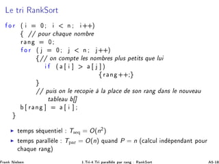 Ä ØÖ Ê Ò ËÓÖØ
Ó Ö ´ ¼ Ò ··µ
ß »» ÔÓÙÖ 
 ÕÙ ÒÓÑ Ö
Ö Ò ¼
Ó Ö ´ ¼ Ò ··µ
ß »» ÓÒ 
ÓÑÔØ Ð × ÒÓÑ Ö × ÔÐÙ× Ô Ø Ø× ÕÙ ÐÙ
´ ℄ ℄ µ
ß Ö Ò ··
»» ÔÙ × ÓÒ Ð Ö 
ÓÔ Ð ÔÐ 
 ×ÓÒ Ö Ò Ò× Ð ÒÓÙÚ Ù
Ø Ð Ù ℄
Ö Ò ℄ ℄
◮ Ø ÑÔ× × ÕÙ ÒØ Ð T× Õ = O(n¾)
◮ Ø ÑÔ× Ô Ö ÐÐ Ð TÔ Ö = O(n) ÕÙ Ò P = n ´
 Ð
ÙÐ Ò Ô Ò ÒØ ÔÓÙÖ

 ÕÙ Ö Ò µ
Ö Ò Æ Ð× Ò ½ºÌÖ ¹ ºÌÖ Ô Ö ÐÐ Ð Ô Ö Ö Ò Ê Ò ËÓÖØ ¹½
 