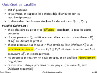 ÉÙ 
 ËÓÖØ Ò Ô Ö ÐÐ Ð
◮ ×Ó Ø P ÔÖÓ
 ××Ù×
◮ Ò Ø Ð Ñ ÒØ¸ ÓÒ ×ÙÔÔÓ× Ð × ÓÒÒ × ×ØÖ Ù × ×ÙÖ Ð ×
Ñ 
 Ò ×»ÔÖÓ
 ××Ù×
◮ ØÖ ×
 Ò ÒØ × ÓÒÒ × ×ØÓ
 × ÐÓ
 Ð Ñ ÒØ Ò× P¼, ..., PP−½
È Ö ÐÐ Ð ÉÙ 
 ËÓÖØ
◮ 
 Ó Ü Ð ØÓ Ö Ù Ô ÚÓØ x Ø Ù× ÓÒ ´ ÖÓ 
 ×Øµ ØÓÙ× Ð × ÙØÖ ×
ÔÖÓ
 ××Ù×
◮ 
 ÕÙ ÔÖÓ
 ××Ù× Pp Ô ÖØ Ø ÓÒÒ ×ÓÒ Ø Ð Ù Ò ÙÜ ×ÓÙ×¹Ø Ð ÙÜ Xp
≤
Ø Dp
 Ò ÙØ Ð × ÒØ Ð Ô ÚÓØ x
◮ 
 ÕÙ ÔÖÓ
 ××Ù× ×ÙÔ Ö ÙÖ p ≥ P/¾ ÒÚÓ × Ð ×Ø Ò Ö ÙÖ Xp
≤ ÙÒ
ÔÖÓ
 ××Ù× Ô ÖØ Ò Ö p′ = p − P/¾ ≤ P/¾¸ Ø Ö Ó Ø Ò Ö ØÓÙÖ ÙÒ Ð ×Ø
×ÙÔ Ö ÙÖ Xp′
 ¸ Ø Ö 
 ÔÖÓÕÙ Ñ ÒØº
◮ Ð × ÔÖÓ
 ××Ù× × × Ô Ö ÒØ Ò ÙÜ ÖÓÙÔ ×¸ Ø ÓÒ ÔÔÐ ÕÙ Ö 
ÙÖ× Ú Ñ ÒØ
Ð³ Ð ÓÖ Ø Ñ
◮ 
 × Ø ÖÑ Ò Ð 
 ÕÙ ÔÖÓ
 ××Ù× ØÖ ×ÓÒ Ô ÕÙ Ø ´Ô Ö Ü ÑÔÐ ¸ Ú 
ÉÙ 
 ×ÓÖØ × ÕÙ ÒØ Ðµ
Ö Ò Æ Ð× Ò ½ºÌÖ ¹ ºÉÙ 
 ×ÓÖØ Ô Ö ÐÐ Ð ¹¾¼
 