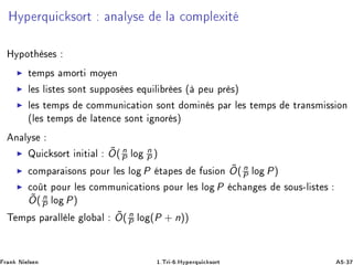 ÀÝÔ ÖÕÙ 
 ×ÓÖØ Ò ÐÝ× Ð 
ÓÑÔÐ Ü Ø
ÀÝÔÓØ × ×
◮ Ø ÑÔ× ÑÓÖØ ÑÓÝ Ò
◮ Ð × Ð ×Ø × ×ÓÒØ ×ÙÔÔÓ× × ÕÙ Ð Ö × ´ Ô Ù ÔÖ ×µ
◮ Ð × Ø ÑÔ× 
ÓÑÑÙÒ 
 Ø ÓÒ ×ÓÒØ ÓÑ Ò × Ô Ö Ð × Ø ÑÔ× ØÖ Ò×Ñ ×× ÓÒ
´Ð × Ø ÑÔ× Ð Ø Ò
 ×ÓÒØ ÒÓÖ ×µ
Ò ÐÝ×
◮ ÉÙ 
 ×ÓÖØ Ò Ø Ð ˜O( n
P ÐÓ
n
P )
◮ 
ÓÑÔ Ö ×ÓÒ× ÔÓÙÖ Ð × ÐÓ P Ø Ô × Ù× ÓÒ ˜O( n
P ÐÓ P)
◮ 
Ó Ø ÔÓÙÖ Ð × 
ÓÑÑÙÒ 
 Ø ÓÒ× ÔÓÙÖ Ð × ÐÓ P 
 Ò × ×ÓÙ×¹Ð ×Ø ×
˜O( n
P ÐÓ P)
Ì ÑÔ× Ô Ö ÐÐ Ð ÐÓ Ð ˜O( n
P ÐÓ (P + n))
Ö Ò Æ Ð× Ò ½ºÌÖ ¹ ºÀÝÔ ÖÕÙ 
 ×ÓÖØ ¹¿
 
