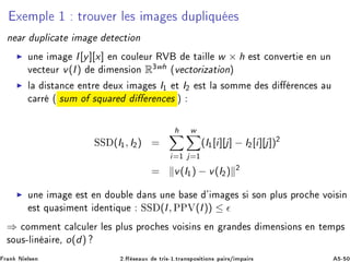 Ü ÑÔÐ ½ ØÖÓÙÚ Ö Ð × Ñ × ÙÔÐ ÕÙ ×
Ò Ö ÙÔÐ 
 Ø Ñ Ø 
Ø ÓÒ
◮ ÙÒ Ñ I[y][x] Ò 
ÓÙÐ ÙÖ ÊÎ Ø ÐÐ w × h ×Ø 
ÓÒÚ ÖØ Ò ÙÒ
Ú 
Ø ÙÖ v(I) Ñ Ò× ÓÒ R¿wh ´Ú 
ØÓÖ Þ Ø ÓÒµ
◮ Ð ×Ø Ò
 ÒØÖ ÙÜ Ñ × I½ Ø I¾ ×Ø Ð ×ÓÑÑ × Ö Ò
 × Ù

 ÖÖ ´ ×ÙÑ Ó ×ÕÙ Ö Ö Ò
 × µ
ËË (I½, I¾) =
h
i=½
w
j=½
(I½[i][j] − I¾[i][j])¾
= v(I½) − v(I¾) ¾
◮ ÙÒ Ñ ×Ø Ò ÓÙ Ð Ò× ÙÒ × ³ Ñ × × ×ÓÒ ÔÐÙ× ÔÖÓ
 ÚÓ × Ò
×Ø ÕÙ × Ñ ÒØ ÒØ ÕÙ ËË (I, ÈÈÎ(I)) ≤ ǫ
⇒ 
ÓÑÑ ÒØ 
 Ð
ÙÐ Ö Ð × ÔÐÙ× ÔÖÓ
 × ÚÓ × Ò× Ò Ö Ò × Ñ Ò× ÓÒ× Ò Ø ÑÔ×
×ÓÙ×¹Ð Ò Ö ¸ o(d)
Ö Ò Æ Ð× Ò ¾ºÊ × ÙÜ ØÖ ×¹½ºØÖ Ò×ÔÓ× Ø ÓÒ× Ô Ö×» ÑÔ Ö× ¹ ¼
 