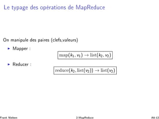 Ä ØÝÔ × ÓÔ Ö Ø ÓÒ× Å ÔÊ Ù
ÇÒ Ñ Ò ÔÙÐ × Ô Ö × ´
Ð ×¸Ú Ð ÙÖ×µ
◮ Å ÔÔ Ö
Ñ Ô(k½, v½) → Ð ×Ø(k¾, v¾)
◮ Ê Ù
 Ö
Ö Ù
 (k¾, Ð ×Ø(v¾)) → Ð ×Ø(v¾)
Ö Ò Æ Ð× Ò ¾ºÅ ÔÊ Ù
 ¹½¾
 