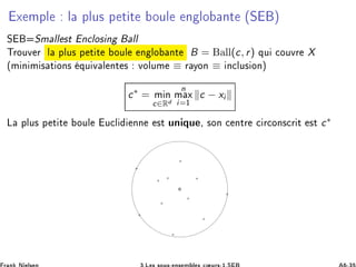 Ü ÑÔÐ Ð ÔÐÙ× Ô Ø Ø ÓÙÐ Ò ÐÓ ÒØ ´Ë µ
Ë ËÑ ÐÐ ×Ø Ò
ÐÓ× Ò ÐÐ
ÌÖÓÙÚ Ö Ð ÔÐÙ× Ô Ø Ø ÓÙÐ Ò ÐÓ ÒØ B = ÐÐ(c, r) ÕÙ 
ÓÙÚÖ X
´Ñ Ò Ñ × Ø ÓÒ× ÕÙ Ú Ð ÒØ × ÚÓÐÙÑ ≡ Ö ÝÓÒ ≡ Ò
ÐÙ× ÓÒµ
c∗
= Ñ Ò
c∈Rd
n
Ñ Ü
i=½
c − xi
Ä ÔÐÙ× Ô Ø Ø ÓÙÐ Ù
Ð ÒÒ ×Ø ÙÒ ÕÙ ¸ ×ÓÒ 
 ÒØÖ 
 Ö
ÓÒ×
Ö Ø ×Ø c∗
 