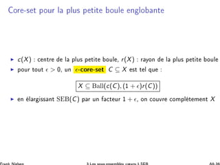 ÓÖ ¹× Ø ÔÓÙÖ Ð ÔÐÙ× Ô Ø Ø ÓÙÐ Ò ÐÓ ÒØ
◮ c(X) 
 ÒØÖ Ð ÔÐÙ× Ô Ø Ø ÓÙÐ ¸ r(X) Ö ÝÓÒ Ð ÔÐÙ× Ô Ø Ø ÓÙÐ
◮ ÔÓÙÖ ØÓÙØ ǫ  ¼¸ ÙÒ ǫ¹
ÓÖ ¹× Ø C ⊆ X ×Ø Ø Ð ÕÙ
X ⊆ ÐÐ(c(C), (½ + ǫ)r(C))
◮ Ò Ð Ö ×× ÒØ Ë (C) Ô Ö ÙÒ 
Ø ÙÖ ½ + ǫ¸ ÓÒ 
ÓÙÚÖ 
ÓÑÔÐ Ø Ñ ÒØ X
 