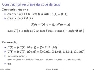 ÓÒ×ØÖÙ
Ø ÓÒ Ö 
ÙÖ× Ú Ù 
Ó Ö Ý
ÓÒ×ØÖÙ
Ø ÓÒ Ö 
ÙÖ× Ú
◮ 
Ó Ö Ý ½ Ø ´
 × Ø ÖÑ Ò Ðµ G(½) = (¼, ½)
◮ 
Ó Ö Ý d Ø×
G(d) = (¼G(d − ½), ½Gr
(d − ½))
Ú 
 Gr (·) Ð 
Ó Ö Ý Ò× Ð³ÓÖ Ö ÒÚ Ö× ´ 
Ó Ö 
 µ
È Ö Ü ÑÔÐ ¸
◮ G(¾) = (¼G(½), ½Gr (½)) = (¼¼, ¼½, ½½, ½¼)
◮ G(¿) = (¼G(¾), ½Gr (¾)) = (¼¼¼, ¼¼½, ¼½½, ¼½¼, ½½¼, ½½½, ½¼½, ½¼¼)
◮ G( ) = (¼G(¿), ½Gr
(¿)) =
(¼¼¼¼, ¼¼¼½, ¼¼½½, ¼¼½¼, ¼½½¼, ¼½½½, ¼½¼½, ¼½¼¼, ½½¼¼, ½½¼½, ½½½½, ½½½¼, ½¼½¼, ½¼½½, ½¼¼½, ½¼¼¼)
◮ Ø
º
Ö Ò Æ Ð× Ò ½º
Ó Ö Ý
 