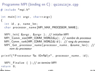 ÈÖÓ Ö ÑÑ ÅÈÁ ´ Ò Ò Ò µ ÕÙ ×Ù × º ÔÔ
Ò ÐÙ ÑÔ º
ÒØ Ñ Ò´ ÒØ Ö ¸ Ö∗∗ Ö Ú µ
ß
ÒØ ¸ Ô ¸ Ò Ñ Ð Ò
Ö ÔÖÓ ××ÓÖ Ò Ñ ÅÈÁ Å ÈÊÇ ËËÇÊ Æ Å
ÅÈÁ ÁÒ Ø´ ² Ö ¸ ² Ö Ú µ »» Ò Ø Ð × ÅÈÁ
ÅÈÁ ÓÑÑ × Þ ´ÅÈÁ ÇÅÅ ÏÇÊÄ ¸²Ôµ »» ÒÓÑ Ö ÔÖÓ ××Ù×
ÅÈÁ ÓÑÑ Ö Ò ´ÅÈÁ ÇÅÅ ÏÇÊÄ ¸² µ »» Ö Ò Ù ÔÖÓ ××Ù×
ÅÈÁ Ø ÔÖÓ ××ÓÖ Ò Ñ ´ÔÖÓ ××ÓÖ Ò Ñ ¸ ²Ò Ñ Ð Òµ »»
ÒÓÑ Ù ÔÖÓ ×× ÙÖ
Ô Ö Ò Ø ´ ÈÖÓ ×× ÙÖ ±× Á ± Ò ¸ ÔÖÓ ××ÓÖ Ò Ñ ¸ µ
ÅÈÁ Ò Ð Þ ´ µ »» ÓÒ Ø ÖÑ Ò ÅÈÁ
Ö ØÙÖÒ ¼
 
