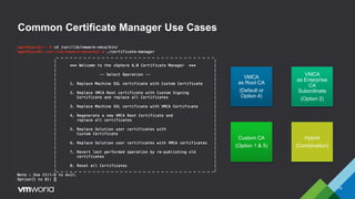 Common Certificate Manager Use Cases
19
VMCA
as Root CA
(Default or
Option 4)
VMCA
as Enterprise
CA
Subordinate
(Option 2)
Custom CA
(Option 1 & 5)
Hybrid
(Combination)
 