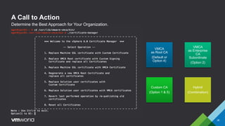 A Call to Action
Determine the Best Approach for Your Organization.
VMCA
as Root CA
(Default or
Option 4)
VMCA
as Enterprise
CA
Subordinate
(Option 2)
Custom CA
(Option 1 & 5)
Hybrid
(Combination)
36
 
