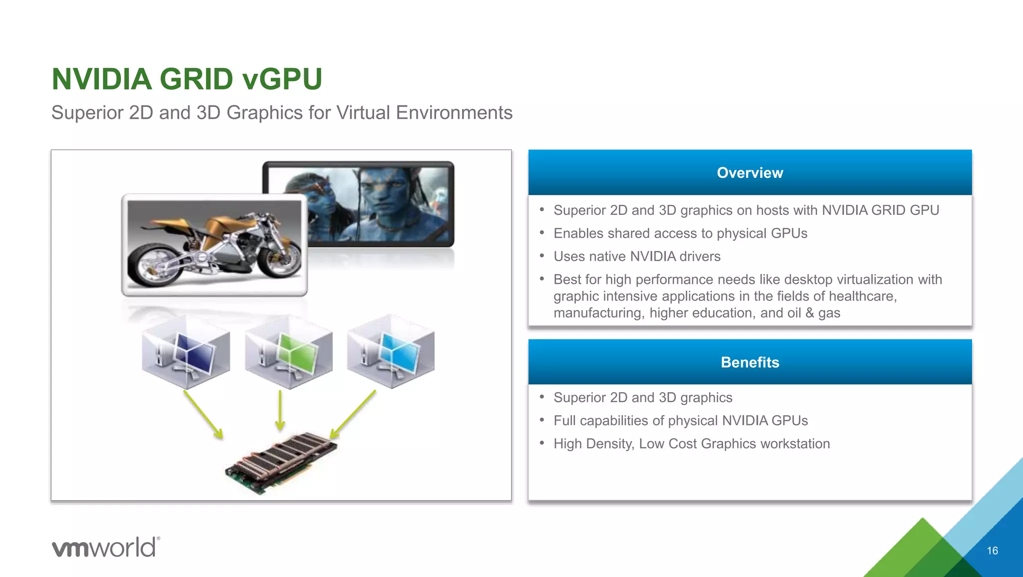 • Superior 2D and 3D graphics on hosts with NVIDIA GRID GPU
• Enables shared access to physical GPUs
• Uses native NVIDIA drivers
• Best for high performance needs like desktop virtualization with
graphic intensive applications in the fields of healthcare,
manufacturing, higher education, and oil & gas
Overview
• Superior 2D and 3D graphics
• Full capabilities of physical NVIDIA GPUs
• High Density, Low Cost Graphics workstation
Benefits
NVIDIA GRID vGPU
16
Superior 2D and 3D Graphics for Virtual Environments
 