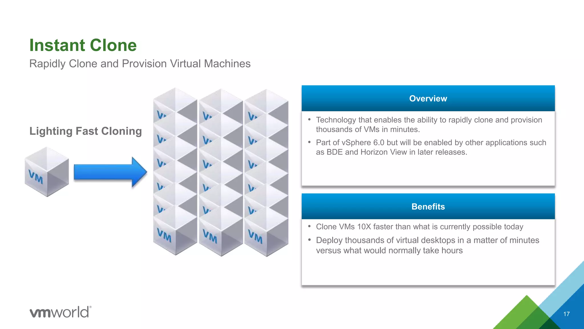 • Technology that enables the ability to rapidly clone and provision
thousands of VMs in minutes.
• Part of vSphere 6.0 but will be enabled by other applications such
as BDE and Horizon View in later releases.
Overview
• Clone VMs 10X faster than what is currently possible today
• Deploy thousands of virtual desktops in a matter of minutes
versus what would normally take hours
Benefits
Instant Clone
17
Rapidly Clone and Provision Virtual Machines
Lighting Fast Cloning
 