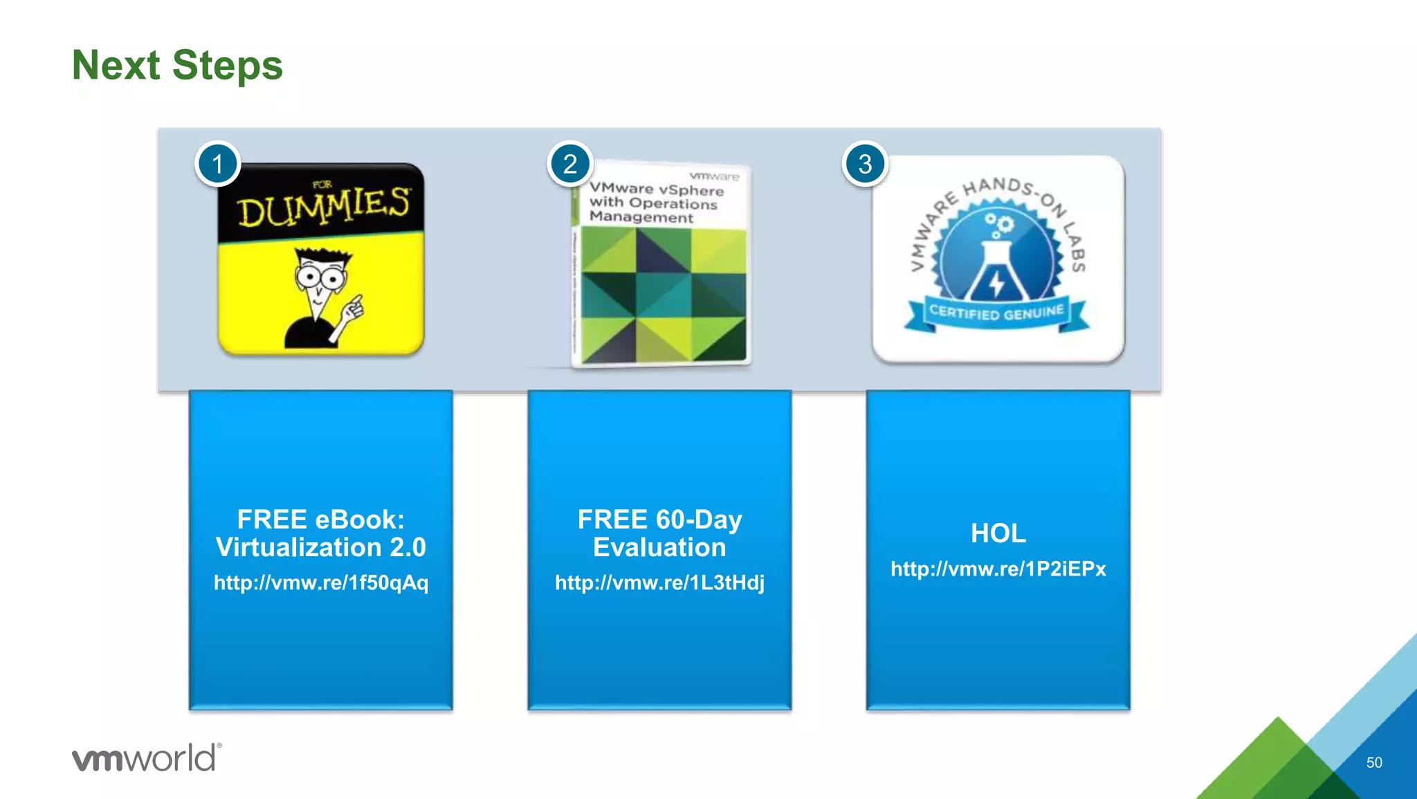 Next Steps
50
FREE eBook:
Virtualization 2.0
http://vmw.re/1f50qAq
FREE 60-Day
Evaluation
http://vmw.re/1L3tHdj
HOL
http://vmw.re/1P2iEPx
1 2 3
 