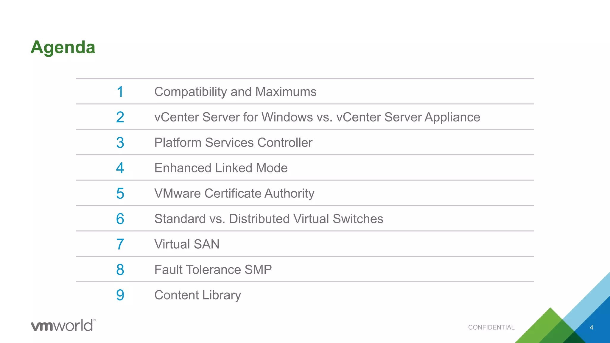 Agenda
4
1 Compatibility and Maximums
2 vCenter Server for Windows vs. vCenter Server Appliance
3 Platform Services Controller
4 Enhanced Linked Mode
5 VMware Certificate Authority
6 Standard vs. Distributed Virtual Switches
7 Virtual SAN
8 Fault Tolerance SMP
9 Content Library
CONFIDENTIAL
 