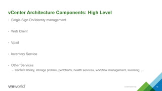 vCenter Architecture Components: High Level
• Single Sign On/Identity management
• Web Client
• Vpxd
• Inventory Service
• Other Services
– Content library, storage profiles, perfcharts, health services, workflow management, licensing, …
CONFIDENTIAL 10
 
