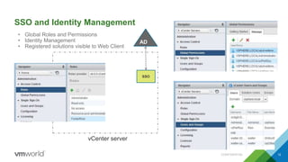 SSO and Identity Management
CONFIDENTIAL 12
AD
vCenter server
SSO
• Global Roles and Permissions
• Identity Management
• Registered solutions visible to Web Client
 