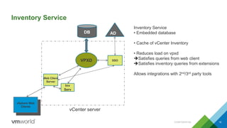 Inventory Service
CONFIDENTIAL 16
VPXD
DB
Web Client
Server
vSphere Web
Clients
AD
Inv
Serv
vCenter server
SSO
Inventory Service
• Embedded database
• Cache of vCenter Inventory
• Reduces load on vpxd
Satisfies queries from web client
Satisfies inventory queries from extensions
Allows integrations with 2nd/3rd party tools
 