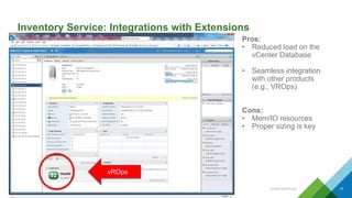 Inventory Service: Integrations with Extensions
CONFIDENTIAL 17
Pros:
• Reduced load on the
vCenter Database
• Seamless integration
with other products
(e.g., VROps)
Cons:
• Mem/IO resources
• Proper sizing is key
vROps
 