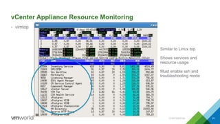 vCenter Appliance Resource Monitoring
• vimtop
CONFIDENTIAL 23
Similar to Linux top
Shows services and
resource usage
Must enable ssh and
troubleshooting mode
 