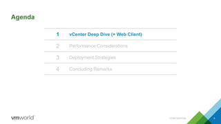 Agenda
1 vCenter Deep Dive (+ Web Client)
2 Performance Considerations
3 Deployment Strategies
4 Concluding Remarks
CONFIDENTIAL 6
 