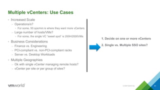 Multiple vCenters: Use Cases
• Increased Scale
– Operations/s?
• For some, 50 ops/min is where they want more vCenters
– Large number of hosts/VMs?
• For some, the single VC “sweet spot” is 200H/2000VMs
• Business Considerations
– Finance vs. Engineering
– PCI-compliant vs. non-PCI-compliant racks
– Server vs. Desktop Workloads
• Multiple Geographies
– Ok with single vCenter managing remote hosts?
– vCenter per site or per group of sites?
CONFIDENTIAL 61
1. Decide on one or more vCenters
2. Single vs. Multiple SSO sites?
 
