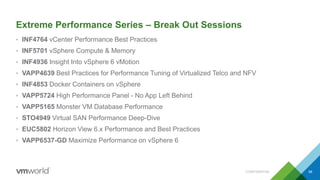 Extreme Performance Series – Break Out Sessions
• INF4764 vCenter Performance Best Practices
• INF5701 vSphere Compute & Memory
• INF4936 Insight Into vSphere 6 vMotion
• VAPP4639 Best Practices for Performance Tuning of Virtualized Telco and NFV
• INF4853 Docker Containers on vSphere
• VAPP5724 High Performance Panel - No App Left Behind
• VAPP5165 Monster VM Database Performance
• STO4949 Virtual SAN Performance Deep-Dive
• EUC5802 Horizon View 6.x Performance and Best Practices
• VAPP6537-GD Maximize Performance on vSphere 6
CONFIDENTIAL 68
 