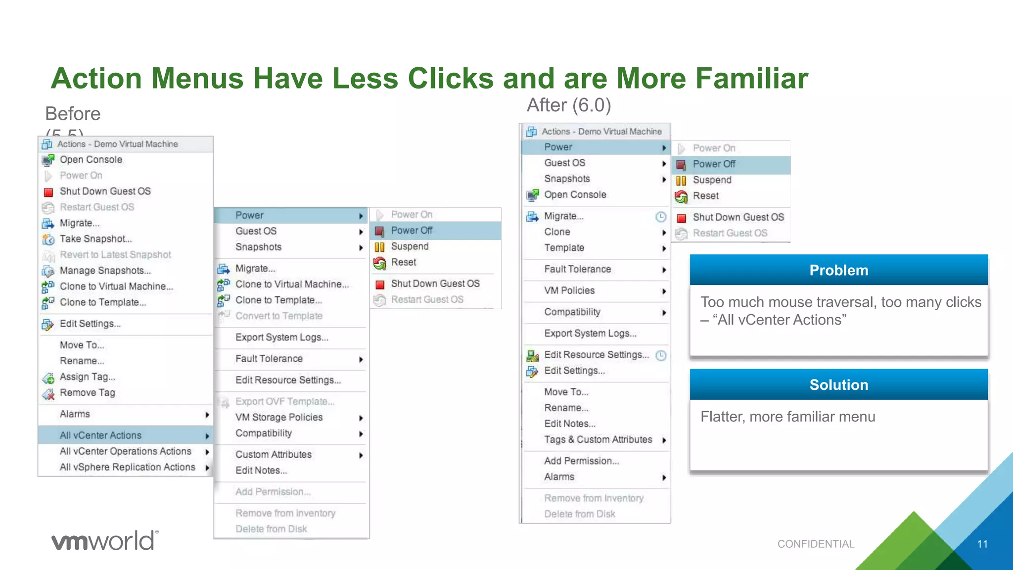 Action Menus Have Less Clicks and are More Familiar
After (6.0)Before
(5.5)
Too much mouse traversal, too many clicks
– “All vCenter Actions”
Problem
Flatter, more familiar menu
Solution
CONFIDENTIAL 11
 