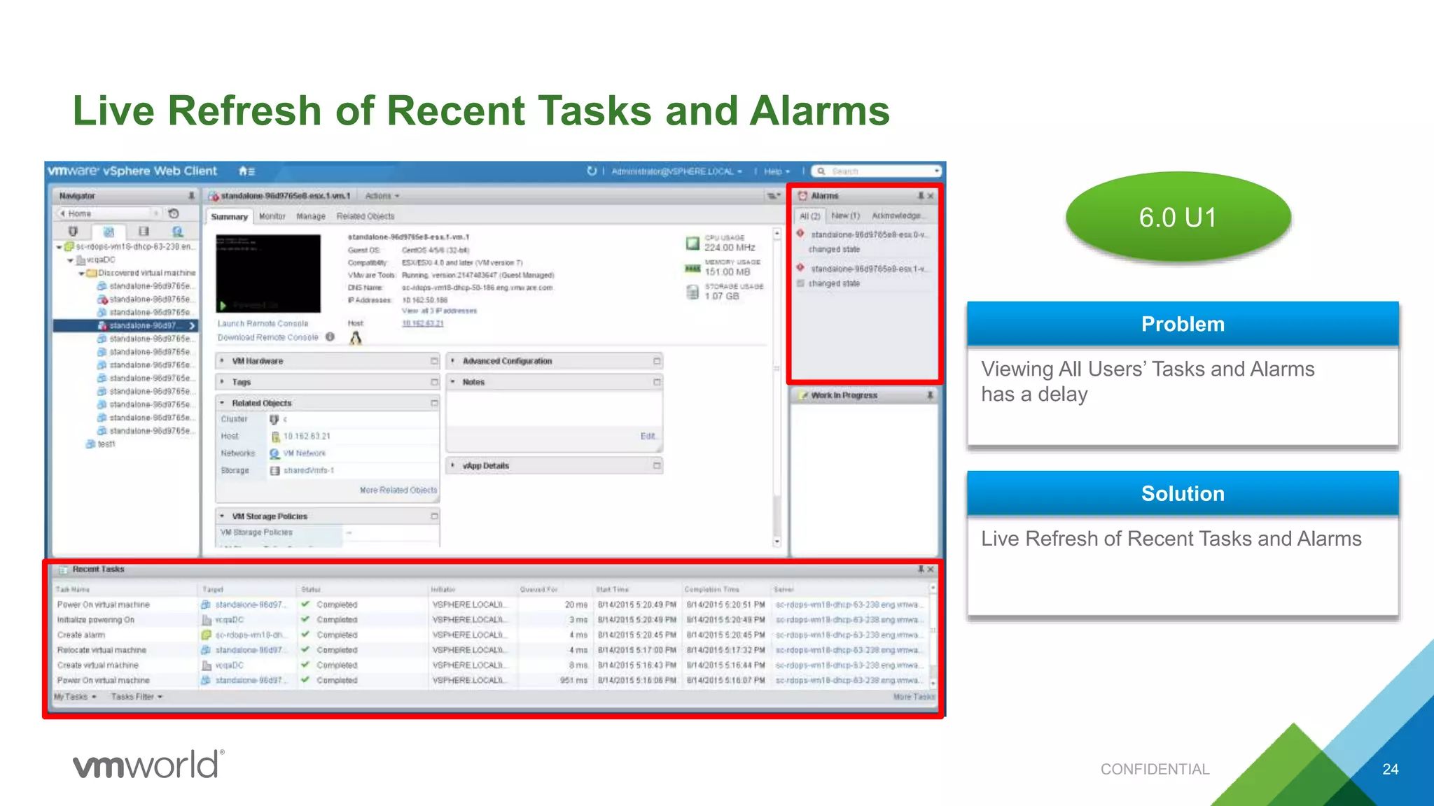 Live Refresh of Recent Tasks and Alarms
24
2016+
6.0 U1
Viewing All Users’ Tasks and Alarms
has a delay
Problem
Live Refresh of Recent Tasks and Alarms
Solution
CONFIDENTIAL
 