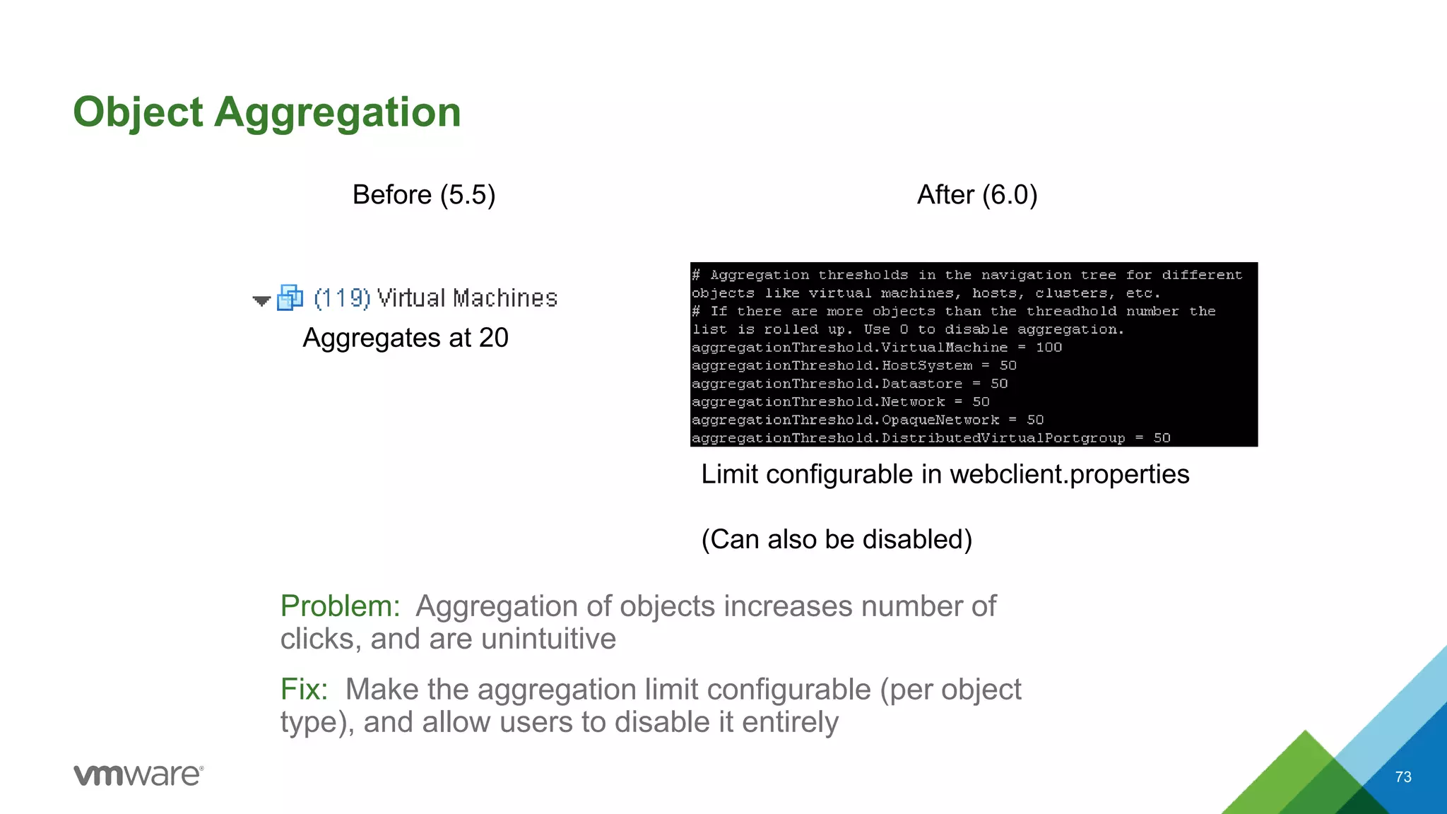 Object Aggregation
Problem: Aggregation of objects increases number of
clicks, and are unintuitive
Fix: Make the aggregation limit configurable (per object
type), and allow users to disable it entirely
73
Aggregates at 20
Limit configurable in webclient.properties
(Can also be disabled)
Before (5.5) After (6.0)
 