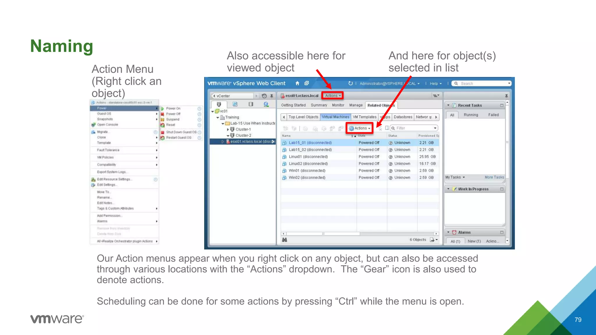 Naming
79
Our Action menus appear when you right click on any object, but can also be accessed
through various locations with the “Actions” dropdown. The “Gear” icon is also used to
denote actions.
Scheduling can be done for some actions by pressing “Ctrl” while the menu is open.
Action Menu
(Right click an
object)
Also accessible here for
viewed object
And here for object(s)
selected in list
 