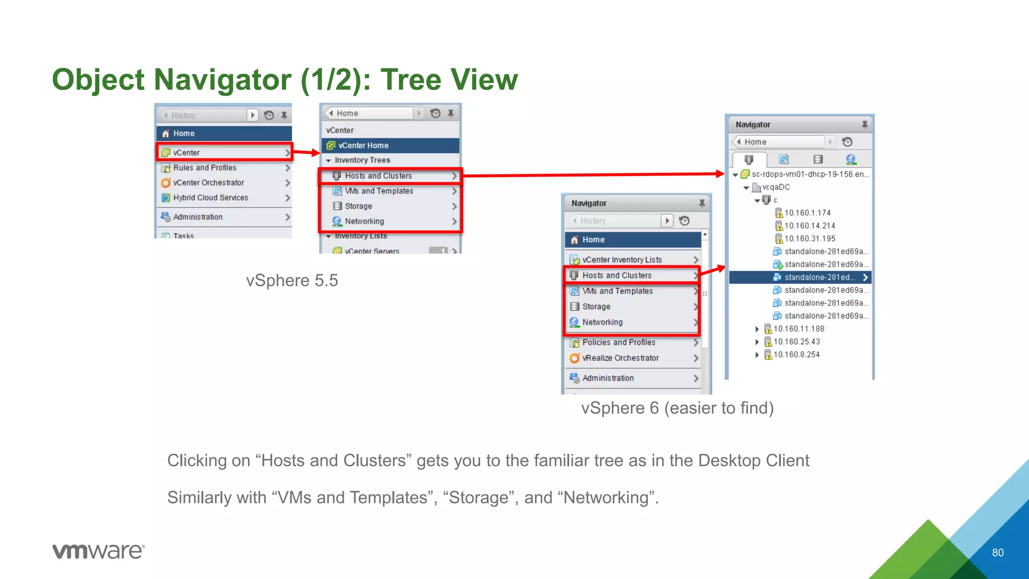 Object Navigator (1/2): Tree View
80
Clicking on “Hosts and Clusters” gets you to the familiar tree as in the Desktop Client
Similarly with “VMs and Templates”, “Storage”, and “Networking”.
vSphere 6 (easier to find)
vSphere 5.5
 