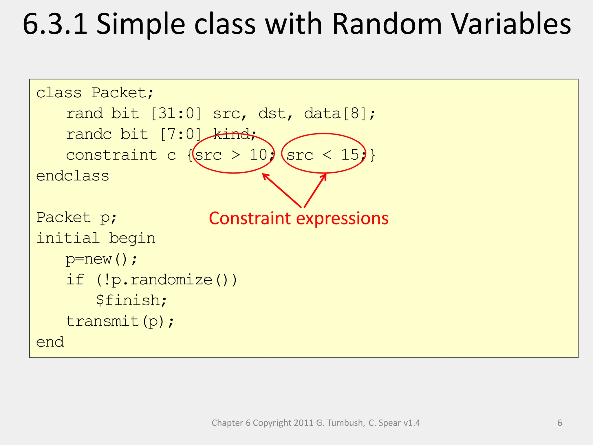 Chapter 6 Copyright 2011 G. Tumbush, C. Spear v1.4
6.3.1 Simple class with Random Variables
6
class Packet;
rand bit [31:0] src, dst, data[8];
randc bit [7:0] kind;
constraint c {src > 10; src < 15;}
endclass
Packet p;
initial begin
p=new();
if (!p.randomize())
$finish;
transmit(p);
end
Constraint expressions
 